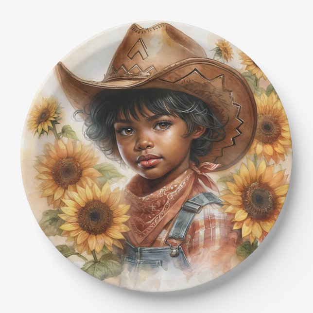 Sunflower Cowgirl Black Child Watercolor Paper Plate (Front)