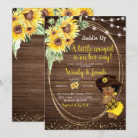 Sunflower Cowgirl rustic Afro Girl Baby Shower Inv