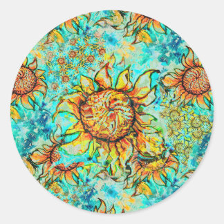 Sunflower Craze colourful summery pattern Classic Round Sticker