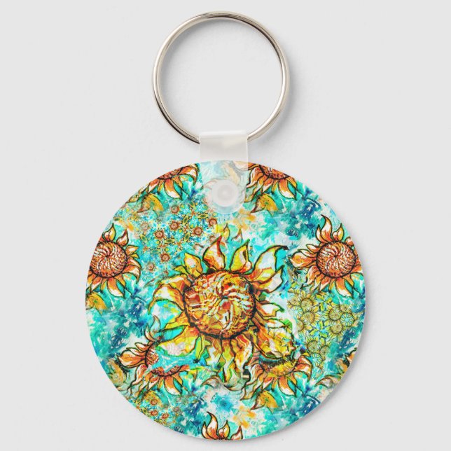 Sunflower Craze colourful summery pattern Key Ring (Front)