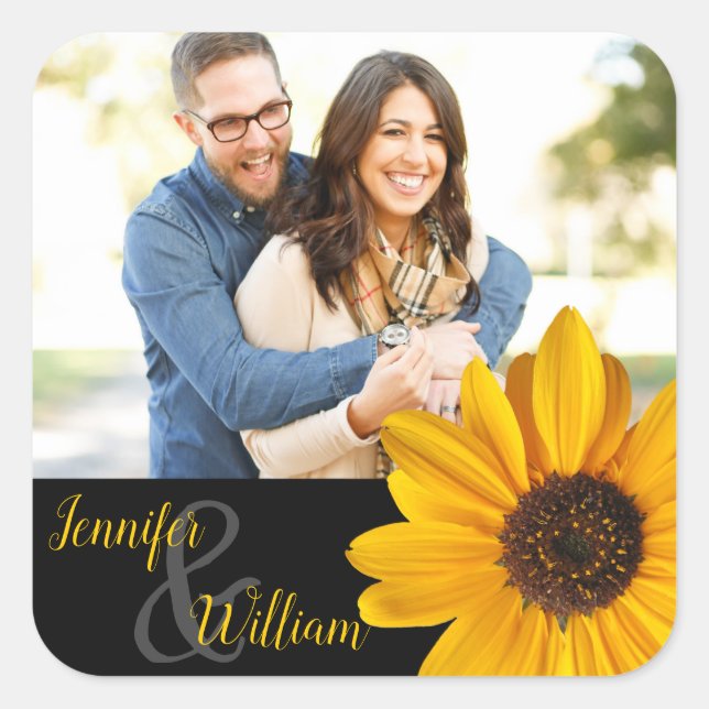 Sunflower custom label with couple's name & photo (Front)