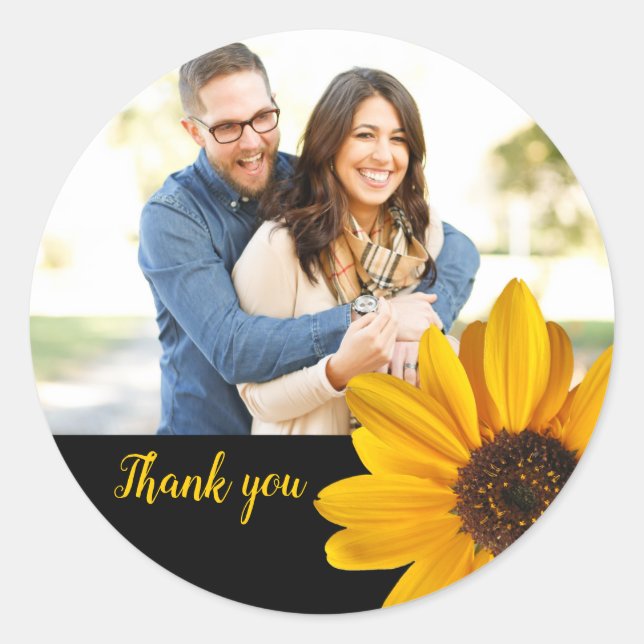 Sunflower custom thank you with couple's photo classic round sticker (Front)