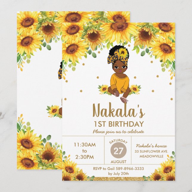 Sunflower Cute African American Girl 1st Birthday  Invitation (Front/Back)