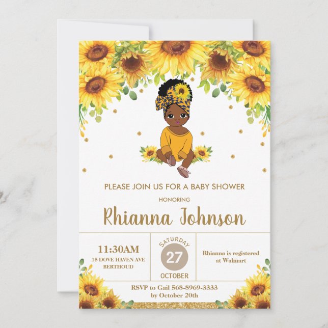 Sunflower Cute African American Girl Baby Shower Invitation (Front)