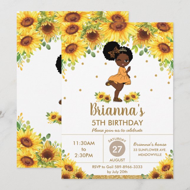 Sunflower Cute African American Girl Birthday Invitation (Front/Back)