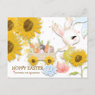 Sunflower Cute Bunny Hoppy Easter White Holiday Postcard