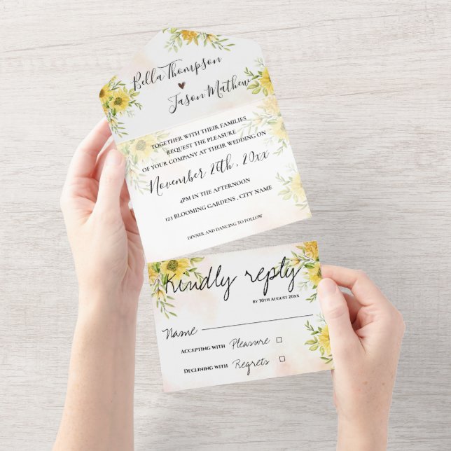 Sunflower Cute Yellow Bright Monogram Wedding All In One Invitation (Tearaway)