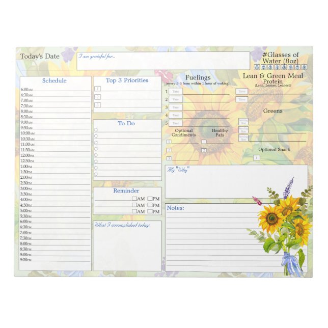 Sunflower | Daily Planner | 5 and 1 Food Journal Notepad (Front)