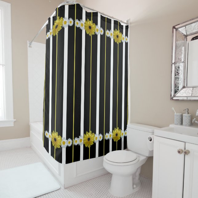 Sunflower, Daisies And Stripes Shower Curtain (In Situ)