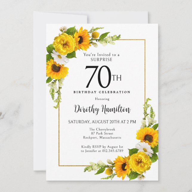 Sunflower Daisy 70th Birthday Surprise Party Invitation (Front)