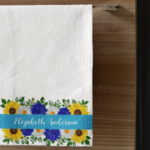 Sunflower Daisy Blue Floral Hand Towel