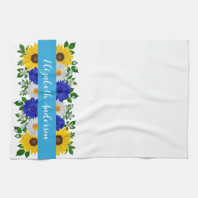 Sunflower Daisy Blue Floral Tea Towel (Horizontal)