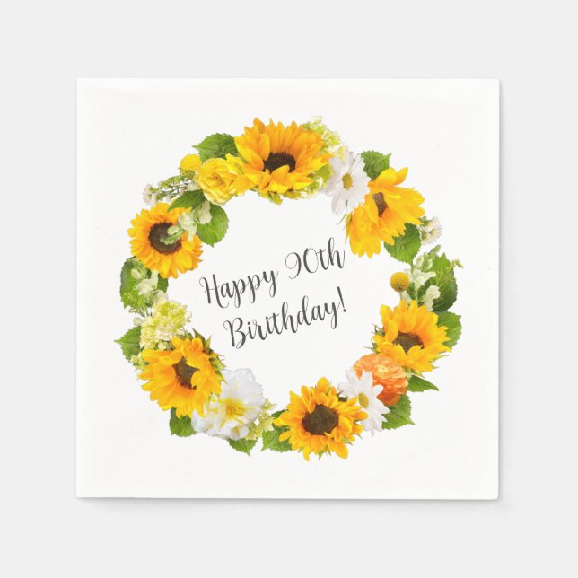 Sunflower Daisy Floral 90th Birthday Party Napkin (Front)