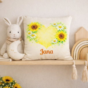 Sunflower Daisy Heart Name Nursery Art Cushion