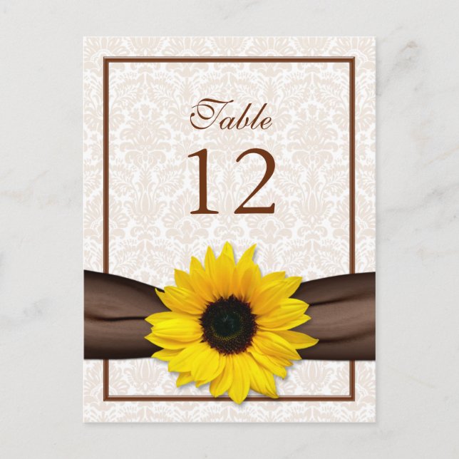 Sunflower Damask Floral Table Number Card (Front)