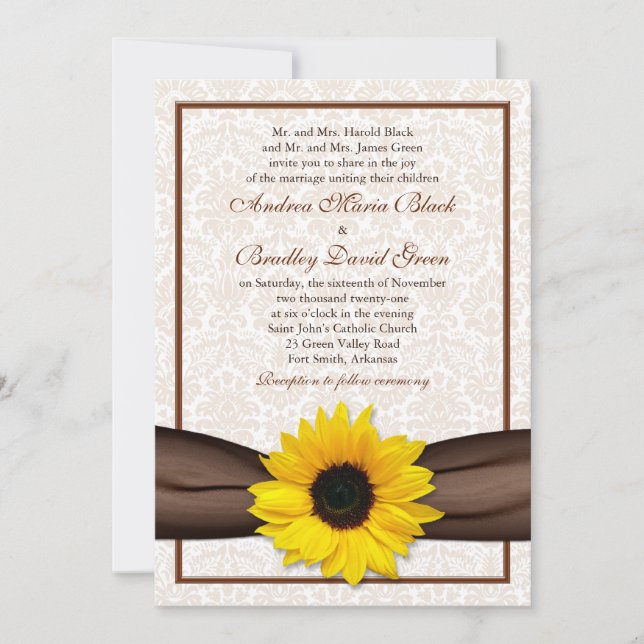 Sunflower Damask Floral Wedding Invitation (Front)