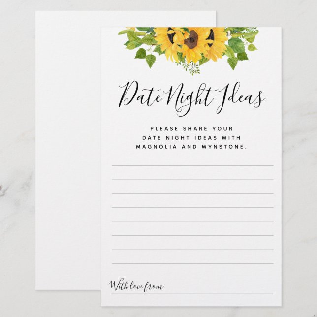 Sunflower Date Night Ideas Cards (Front/Back)