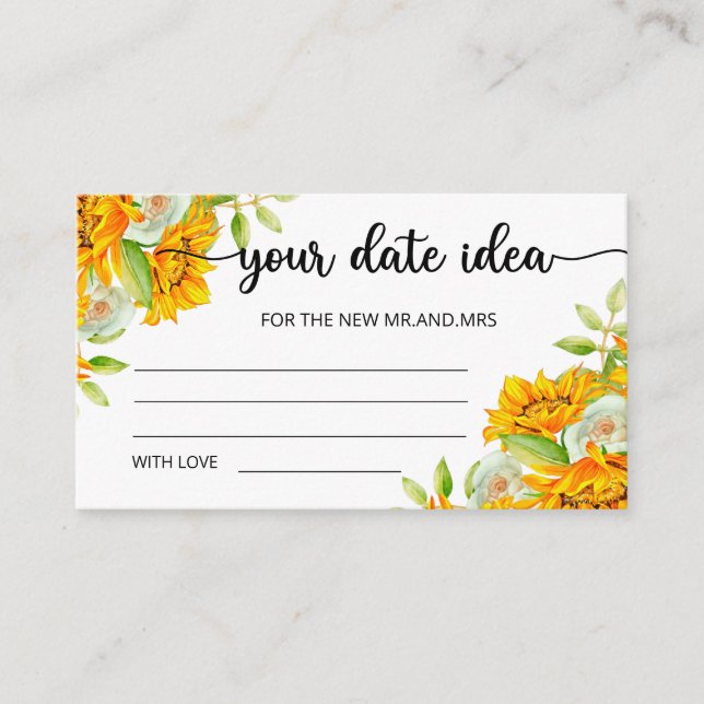 Sunflower Date night ideas. Date jar Enclosure Card (Front)