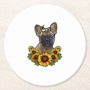 Sunflower Decor Frenchie For Dog Lover Mum Dog Dad Round Paper Coaster