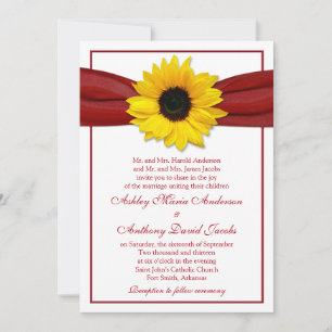 Sunflower Deep Red Ribbon Wedding Invitation
