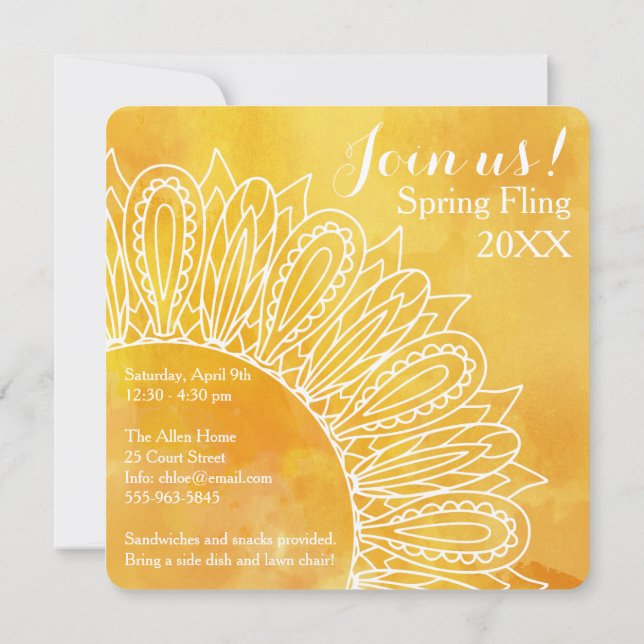 Sunflower Delight Yellow and Orange Watercolor Invitation (Back)