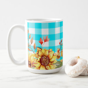 Sunflower Design and Blue Chequered Pattern Coffee Mug