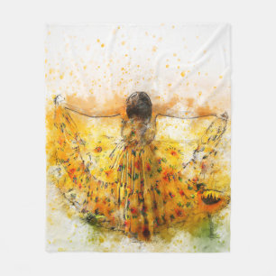 Sunflower Dress Watercolor Art Fleece Blanket