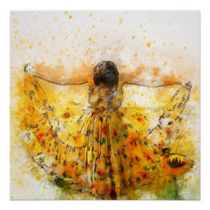 Sunflower Dress Watercolor Art Poster