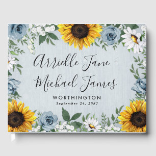Sunflower Dusty Blue Country Rustic Roses Wedding Guest Book