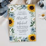 Sunflower Dusty Blue Country Rustic Roses Wedding Invitation<br><div class="desc">Design features a dusty blue/grey wood grain background with a wreath made of sunflowers,  daisies,  roses in dusty blue shades,  baby's breath over various types of botanical watercolor greenery elements.</div>