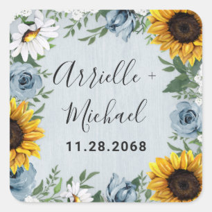 Sunflower Dusty Blue Country Rustic Roses Wedding Square Sticker
