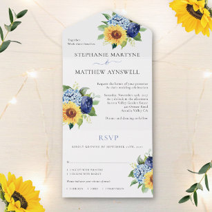 Sunflower Dusty Blue Floral Botanical Wedding All In One Invitation