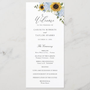 Sunflower Dusty Blue Floral Elegant Script Wedding Programme