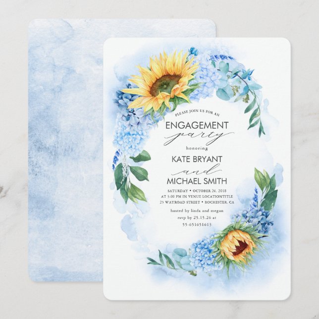 Sunflower Dusty Blue Floral Engagement Party Invitation (Front/Back)