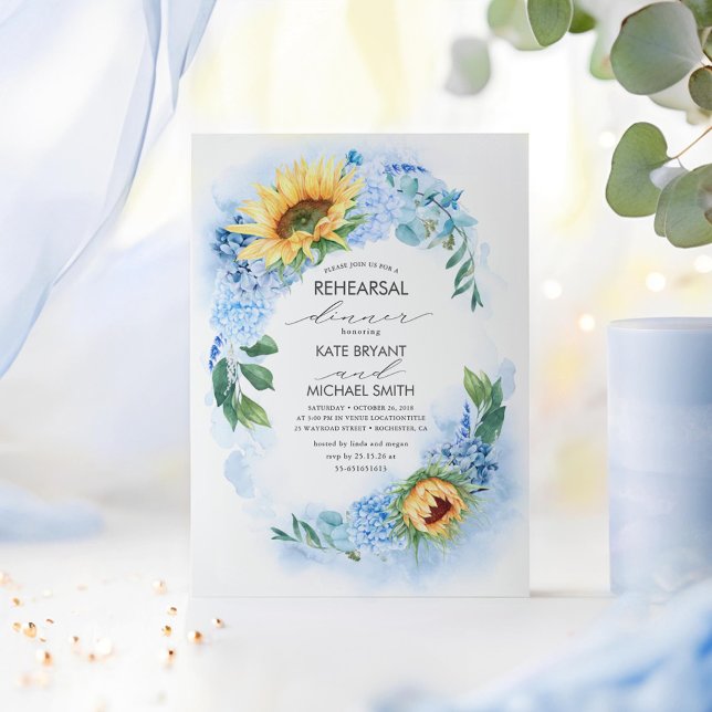Sunflower Dusty Blue Floral Rehearsal Dinner Invitation (Dusty Blue and Yellow Rehearsal Dinner Invitations)