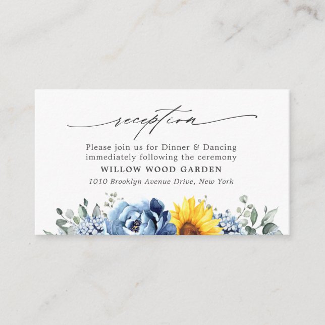 Sunflower Dusty Blue Floral Wedding Reception Enclosure Card (Front)