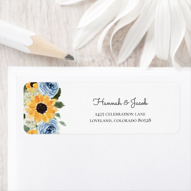 Sunflower Dusty Blue Floral Wedding Return Address (Insitu)