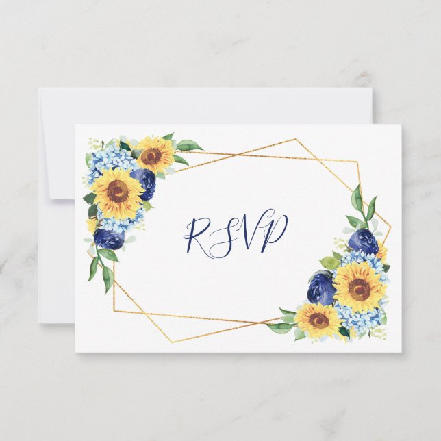 Sunflower Dusty Blue Geometric Navy Floral Wedding RSVP Card (Front)
