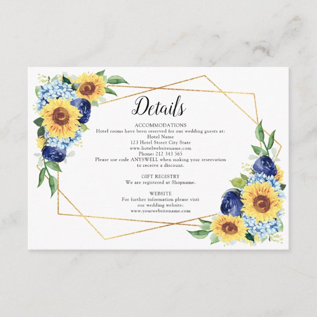 Sunflower Dusty Blue Geometric Wedding Details Enclosure Card (Front)