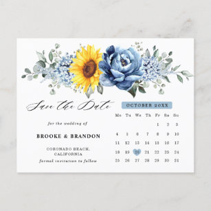 Sunflower Dusty Blue Peony Calendar Save the Date Postcard