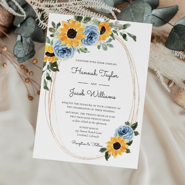 Sunflower Dusty Blue Rustic Roses Wedding Invitation (Creator Uploaded)