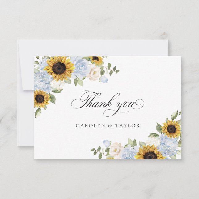 Sunflower Dusty Blue Rustic Wedding Thank You Card (Front)