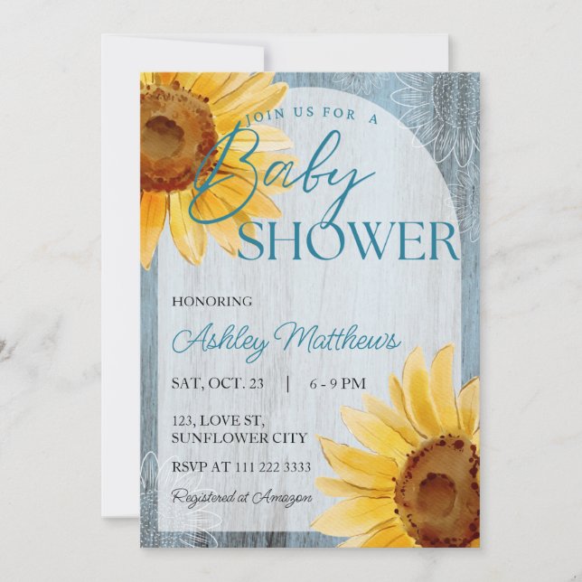 Sunflower Dusty Blue Rustic Wood Baby Shower Invitation (Front)