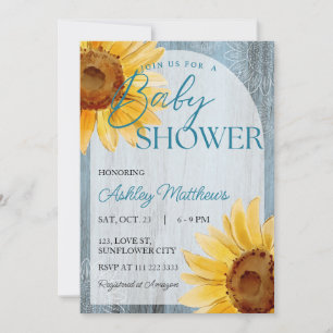 Sunflower Dusty Blue Rustic Wood Baby Shower Invitation