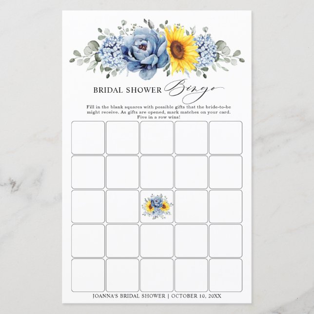 Sunflower Dusty Blue Slate Bridal Shower Bingo  (Front)