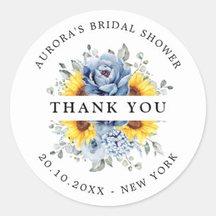 Sunflower Dusty Blue Slate Bridal Shower Thank you Classic Round Sticker