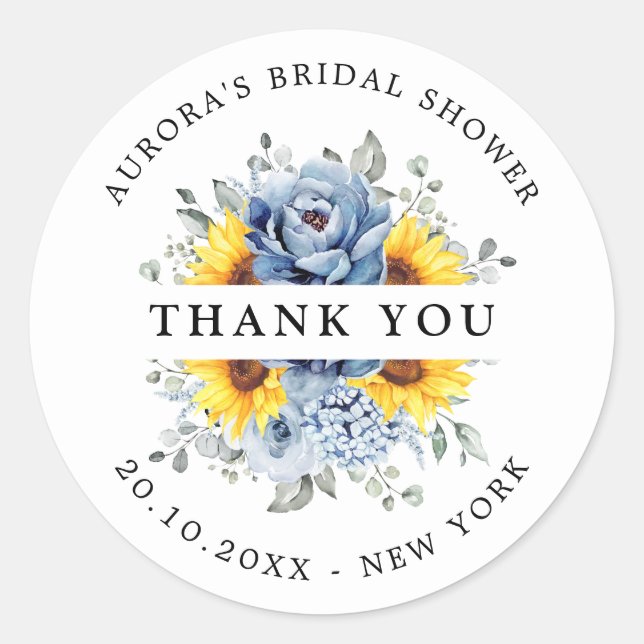 Sunflower Dusty Blue Slate Bridal Shower Thank you Classic Round Sticker (Front)