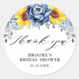 Sunflower Dusty Blue Slate Peony Bridal Shower Classic Round Sticker