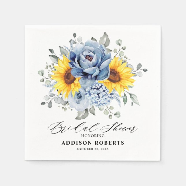 Sunflower Dusty Blue Slate Peony Bridal Shower     Napkin (Front)