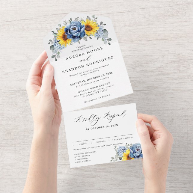 Sunflower Dusty Blue Slate Peony Floral Wedding Al All In One Invitation (Tearaway)